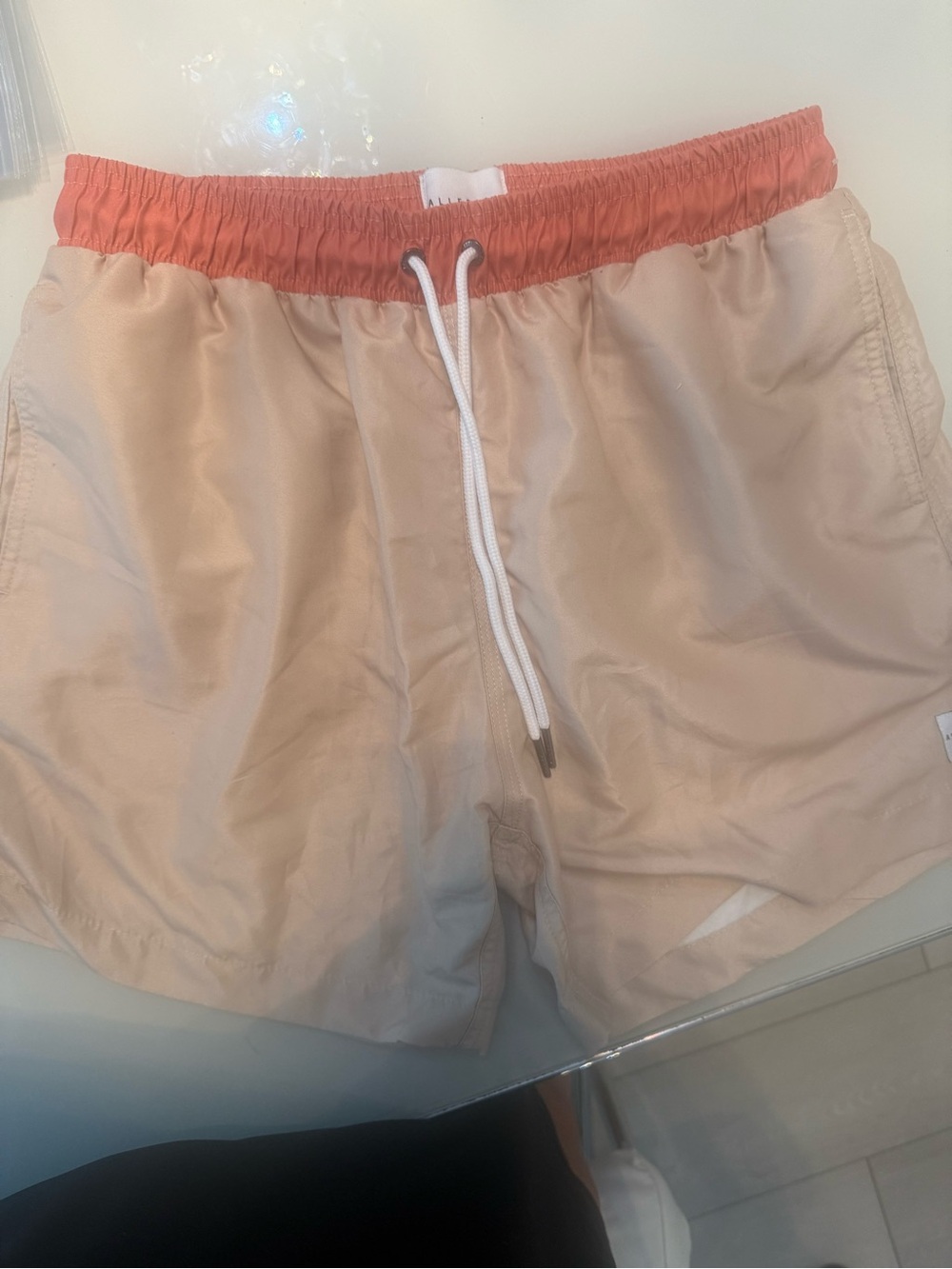 Men's Two-Tone Peach Swim Shorts with Coral Waistband#M9